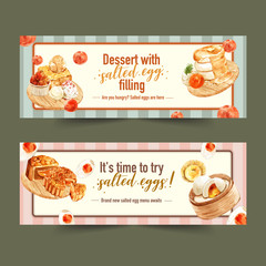 Salted egg Banner design with honey toast, moon cake, pancake  watercolor illustration.