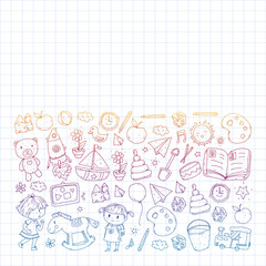 Kindergarten with toys. Pattern for children. Little preschool kids education. Drawing, learning, play