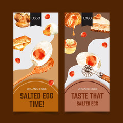 Salted egg flyer design with cake, spoon, stuffed bun watercolor illustration.