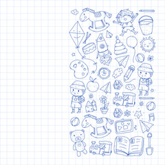 Kindergarten with toys. Pattern for children. Little preschool kids education. Drawing, learning, play