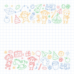 Fototapeta premium Kindergarten with toys. Pattern for children. Little preschool kids education. Drawing, learning, play
