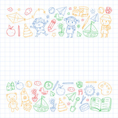 Kindergarten with toys. Pattern for children. Little preschool kids education. Drawing, learning, play