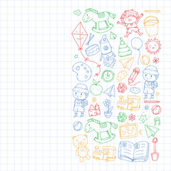 Kindergarten with toys. Pattern for children. Little preschool kids education. Drawing, learning, play
