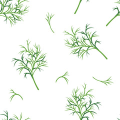 Naklejka na ściany i meble Green branches of dill seamless pattern. Vector illustration of greenery, aromatic herbs isolated on a white background. Cartoon flat style.