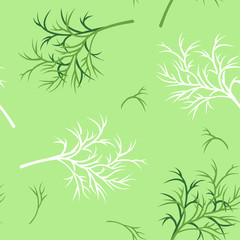 Fototapeta premium Dill herb seamless pattern. Vector cartoon color illustration of dill greenery on green background. White outline.