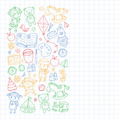 Kindergarten with toys. Pattern for children. Little preschool kids education. Drawing, learning, play