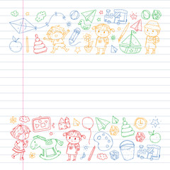 Kindergarten with toys. Pattern for children. Little preschool kids education. Drawing, learning, play