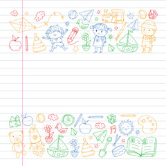 Kindergarten with toys. Pattern for children. Little preschool kids education. Drawing, learning, play
