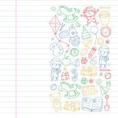 Kindergarten with toys. Pattern for children. Little preschool kids education. Drawing, learning, play