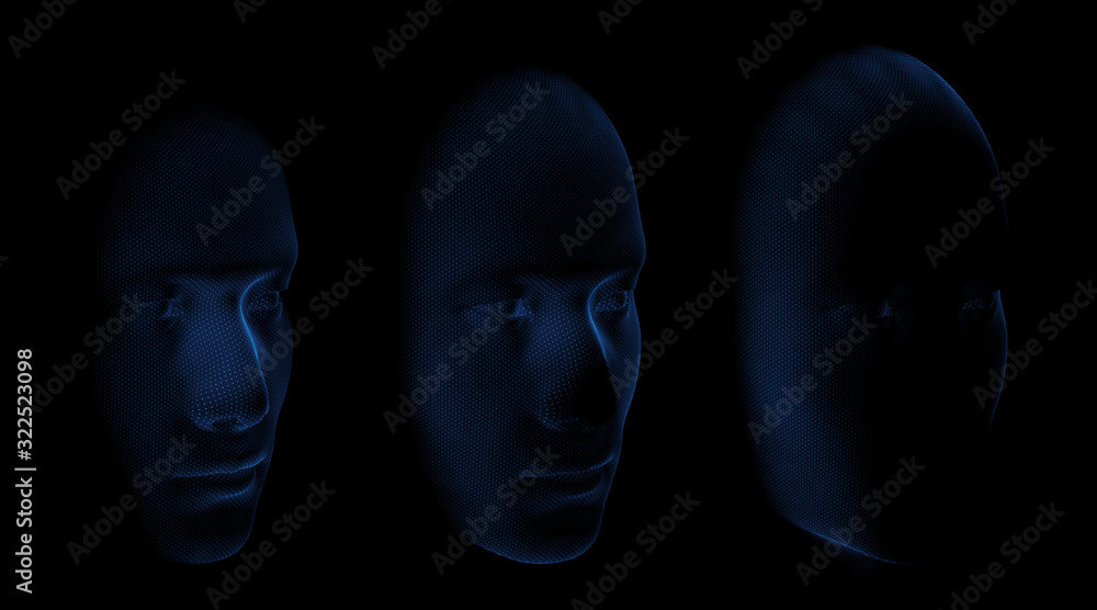 Poster 3d render of abstract face covered with small pattern texture. three phases of scanning. technology 