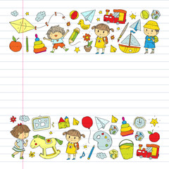 Kindergarten with toys. Pattern for children. Little preschool kids education. Drawing, learning, play