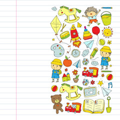 Kindergarten with toys. Pattern for children. Little preschool kids education. Drawing, learning, play