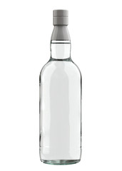 Whute Clear Bottle of Vodka, Scotch, Gin, Tequila or other Alcohol. 3D Render Isolated on White Background.