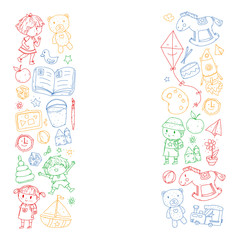 Kindergarten with toys. Pattern for children. Little preschool kids education. Drawing, learning, play