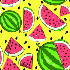 Seamless vector pattern with watermelon, slice and seeds on yellow background. Summer fruit illustration.  Good for printing. Wallpaper, fabric and textile idea. Wrapping paper design. 