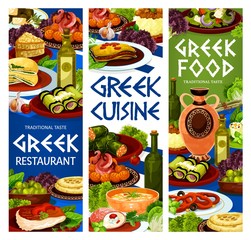 Greek restaurant food vector design of meat, seafood and vegetable dishes with bread and olives. Greek salad, feta cheese, eggplant and beef rolls, dolma, moussaka, spinach pie and meatballs keftedes