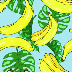 Seamless vector pattern with bananas and tropical palm leaves on blue background. Wallpaper, fabric and textile design. Good for printing. Cute wrapping paper pattern with fruits.