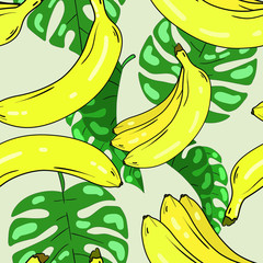 Seamless vector pattern with hand drawn palm leaves and bananas on grey background. Tropical illustration.  Good for printing. Wallpaper, fabric and textile idea. Wrapping paper design. 
