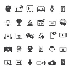 Collection of e-learning related line icons.