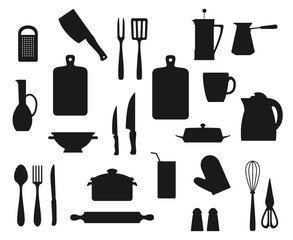 Kitchen utensil, cutlery and kitchenware black silhouettes. Vector cooking pot, knives, spoon and fork, grater, spatula, salt and pepper shakers, tea and coffee pots, kettle, rolling pin, cup, whisk