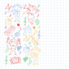 Music background for patterns. Vector illustration with musical instruments.