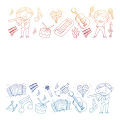 Music background for patterns. Vector illustration with musical instruments.