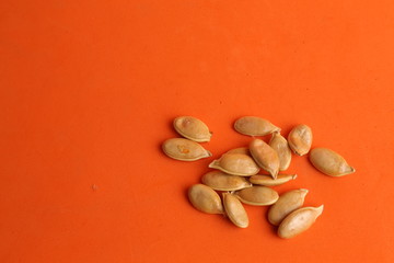 pumpkin seeds on color background