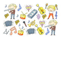 Music background for patterns. Vector illustration with musical instruments.