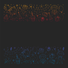 Happy boys and girls. Little kindergarten preschool children. Birthday party celebration. Icons for banners, posters, invitation.