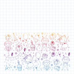 Fototapeta premium Happy boys and girls. Little kindergarten preschool children. Birthday party celebration. Icons for banners, posters, invitation.