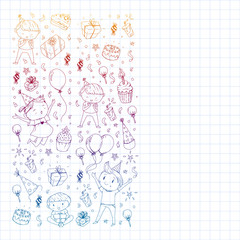 Fototapeta premium Happy boys and girls. Little kindergarten preschool children. Birthday party celebration. Icons for banners, posters, invitation.