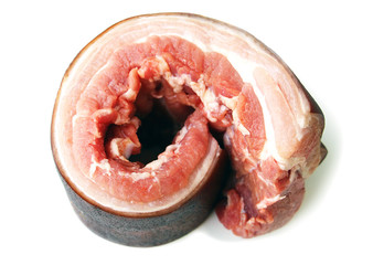 Slice of fresh lard with meat and peel. Ukrainian traditional food.