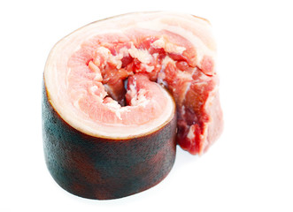 Slice of fresh lard with meat and peel. Ukrainian traditional food.