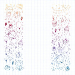 Happy boys and girls. Little kindergarten preschool children. Birthday party celebration. Icons for banners, posters, invitation.