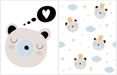 Lovely Vector Illustration and Pattern with Cute Baby Bear, Clouds and Hearts. Simple Hand Drawn Brown Teddy Bear Dreaming of Love. Sweet Nursery Vector Print with Bear King Wearing a Golden Crown.