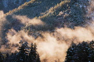 朝霧と雪降った山