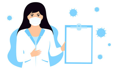 Woman doctor in a white medical coat and protective mask with a tablet in hand talks about Chinese virus 2019-nCoV. Coronavirus treatment. Concept of quarantine, prevent infection