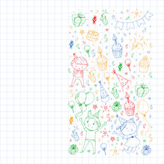 Happy boys and girls. Little kindergarten preschool children. Birthday party celebration. Icons for banners, posters, invitation.