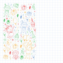 Happy boys and girls. Little kindergarten preschool children. Birthday party celebration. Icons for banners, posters, invitation.