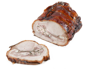 Porchetta di Ariccia IGP isolated on white 