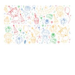 Happy boys and girls. Little kindergarten preschool children. Birthday party celebration. Icons for banners, posters, invitation.