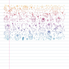 Happy boys and girls. Little kindergarten preschool children. Birthday party celebration. Icons for banners, posters, invitation.