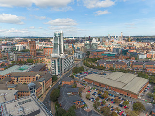 Obraz premium Aerial drone Leeds City Centre, West Yorkshire, England