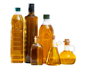 Vegetable oil in decanters and bottles