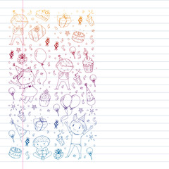 Happy boys and girls. Little kindergarten preschool children. Birthday party celebration. Icons for banners, posters, invitation.