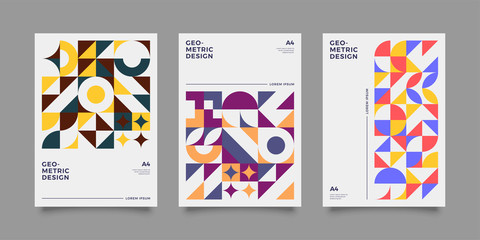 Obraz premium Poster templates set with Geometric shapes, Retro, bauhaus, swiss geometric style design elements. Retro, bauhaus art for covers, banners, flyers and posters. Eps 10 vector illustrations