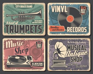 Trumpet and trombone vector brass music instruments, vinyl records and players, musical notes, loudspeaker, vintage gramophone and treble clef. Brass music school and musical shop retro posters design
