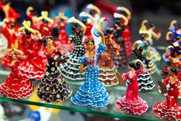 Flamenco dancers figurines in Spanish souvenir shop