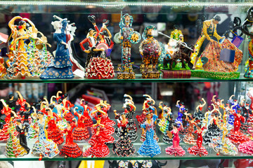 Figurines of Spanish flamenco dancers in souvenir shop