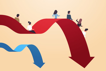 businesspeople sliding down falling economic arrow financial crisis bankrupt investment risk business failure concept full length horizontal vector illustration © mast3r